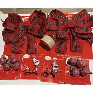 Christmas Bells Ornaments Large Bows & Ribbon Bundle of 7 - Holiday Time NEW